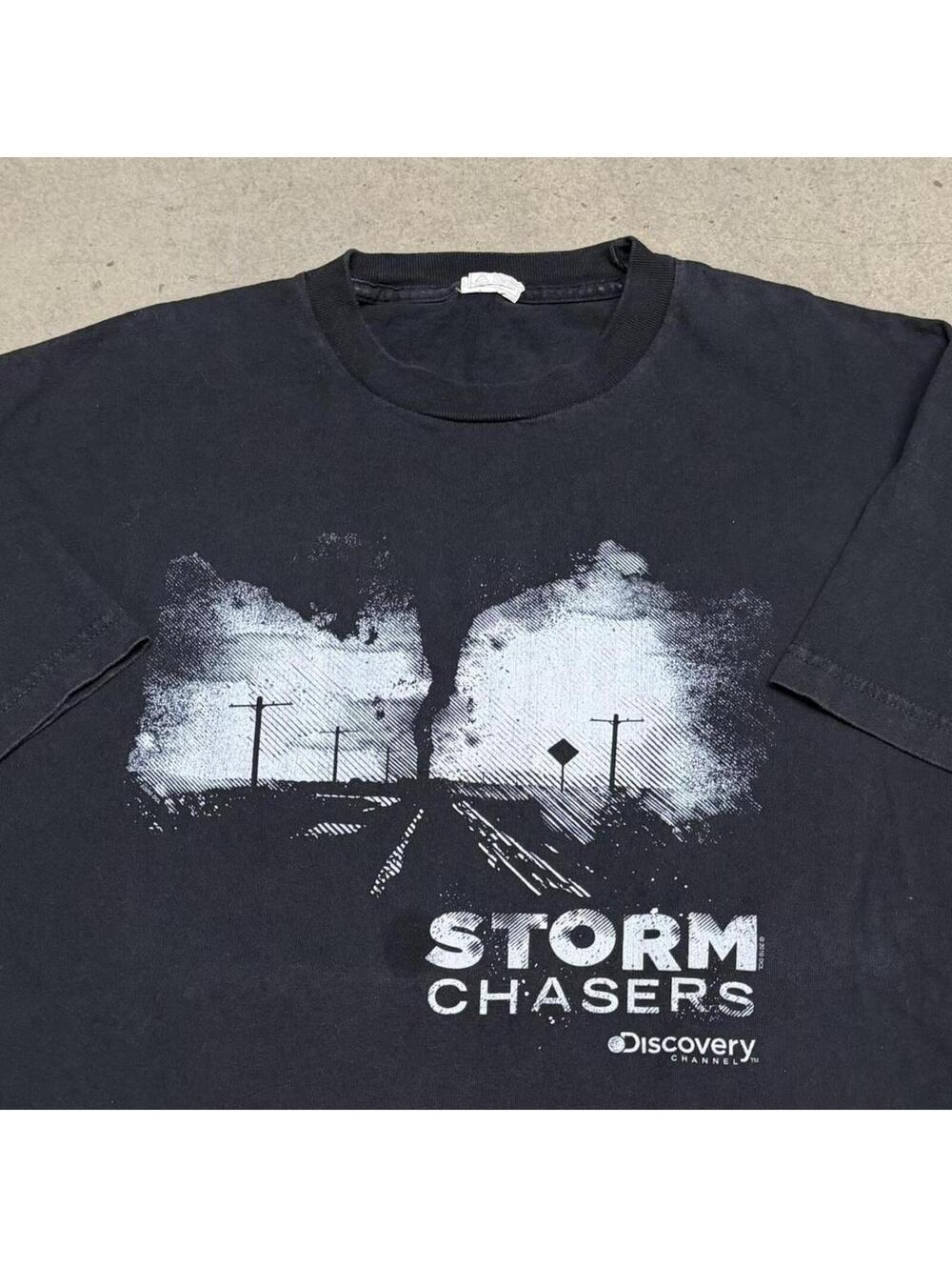Vintage Discovery Channel Storm Chasers T Shirt Mens XL Black Promo Tornado Y2K
